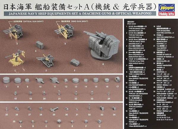 Hasegawa [QG18] 1.350 JAPANESE NAVY SHIP EQUIPMENTS SET A (MACHINE GUNS & OPTICAL WEAPONS) - Kit Accessories