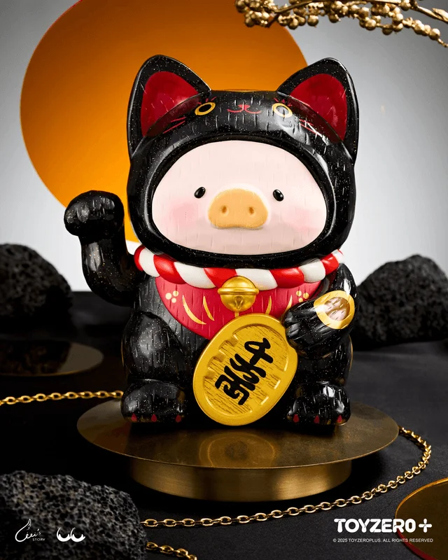 TOYZEROPLUS LuLu the Piggy - 18cm Wood-Carving Maneki Lu (Black Cat) - LuLu The Piggy